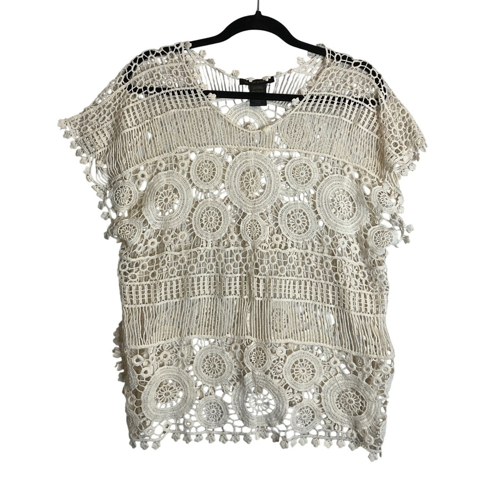 Crochet Open Lace Top Crop Boxy Cotton Cream Boho Cottagecore Western Festival L